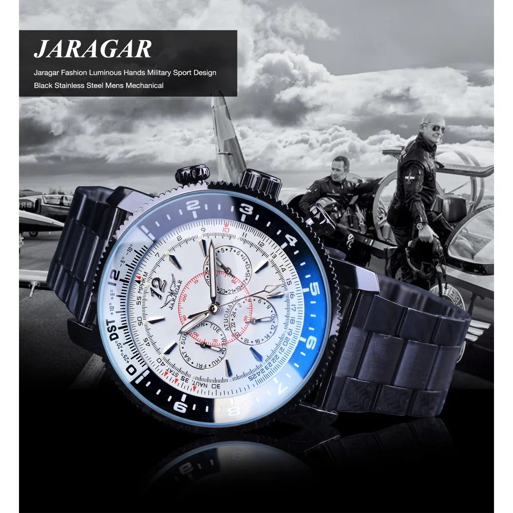 

Fashion Jaragar Three Small Dial Date Week Hour Display Bracelet Men's Full Black Steel Automatic Luminous Hands Military Watch