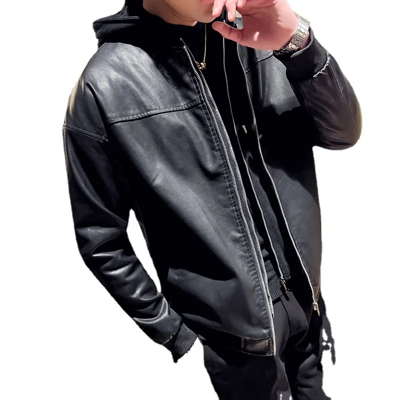 

2024 Fashion Hood Mens Leather Jacket Motorcycle Spring Autumn PU Biker Vintage Coat Male moto Casual Slim pilot Leather Jackets