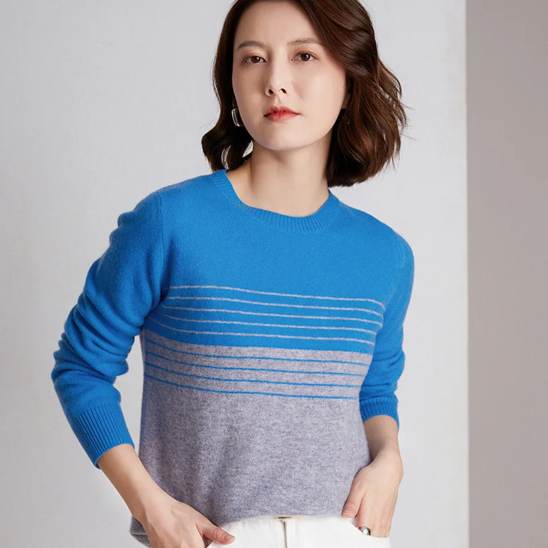 Autumn and Winter New Women's Crew Neck Contrast Stripe Pure Wool Knitwear Fashion Warm Pullover Sweater Top Woolen Shirt
Autumn and Winter New Women's Crew Neck Contrast Stripe Pure Wool Knitwear Fashion Warm Pullover Sweater Top Woolen Shirt