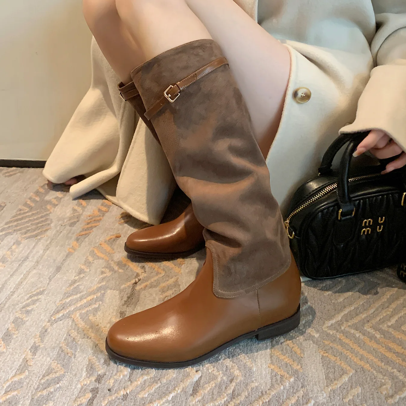 

Khaki Leather Paneled Knee-High Boots Round Toe Belt Buckle Low Chunky Heel Mid-Calf Botines Slip-On Comfortable Women Botas