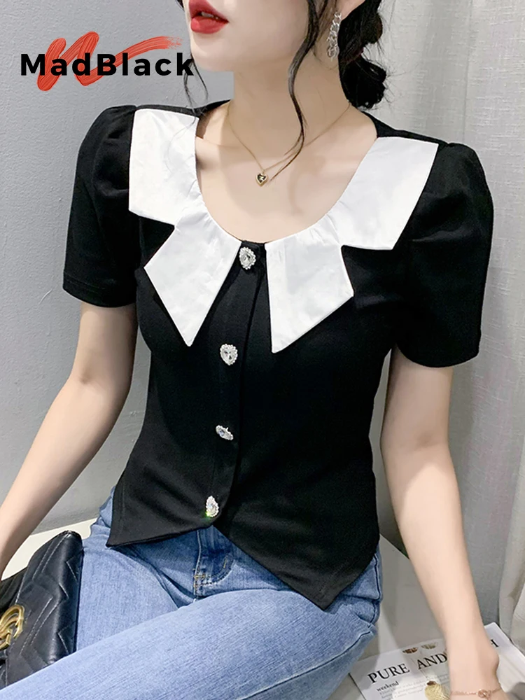 

MadBlack European Clothes Tshirts Women Sexy O Necks Buttons Tops Short Puff Sleeve Stretchy Workwear Tees Summer T43107JC