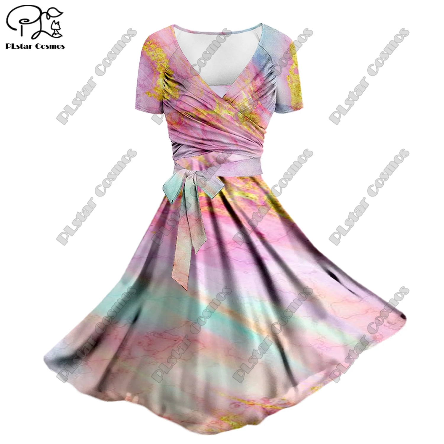 

PLstar Cosmos 3D printing color graffiti pattern ladies floral A-line suspender skirt bow twill top two-piece summer