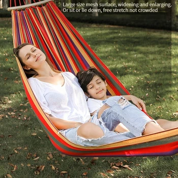 싱글 더블 해먹, 야외 롤오버 방지 캔버스 해먹, 스윙 메쉬 나무 스틱, 이중 두께, 200x150cm 상품 이미지