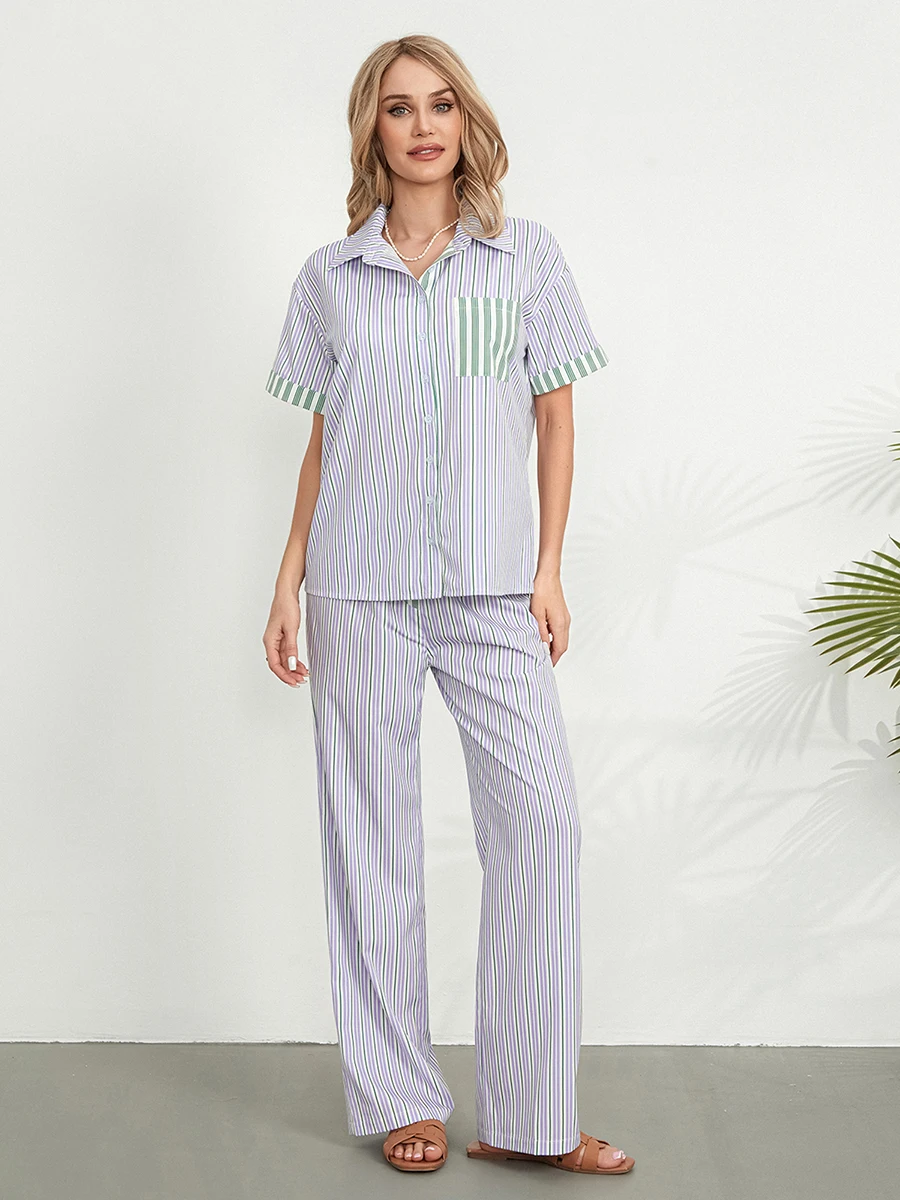 

Women Striped Pajama Sets Two Piece Nightwear Short Sleeve Sleepwear Button Down Pj Lounge Sets with Long Pants