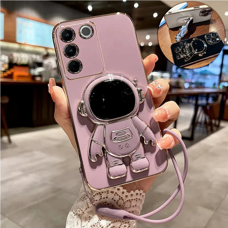 

Electroplated Silicone Cover For VIVO V27 V25 Pro Y35 Y22 Astronaut Folding Stand Holder With Lanyard Lens Protection Soft Case