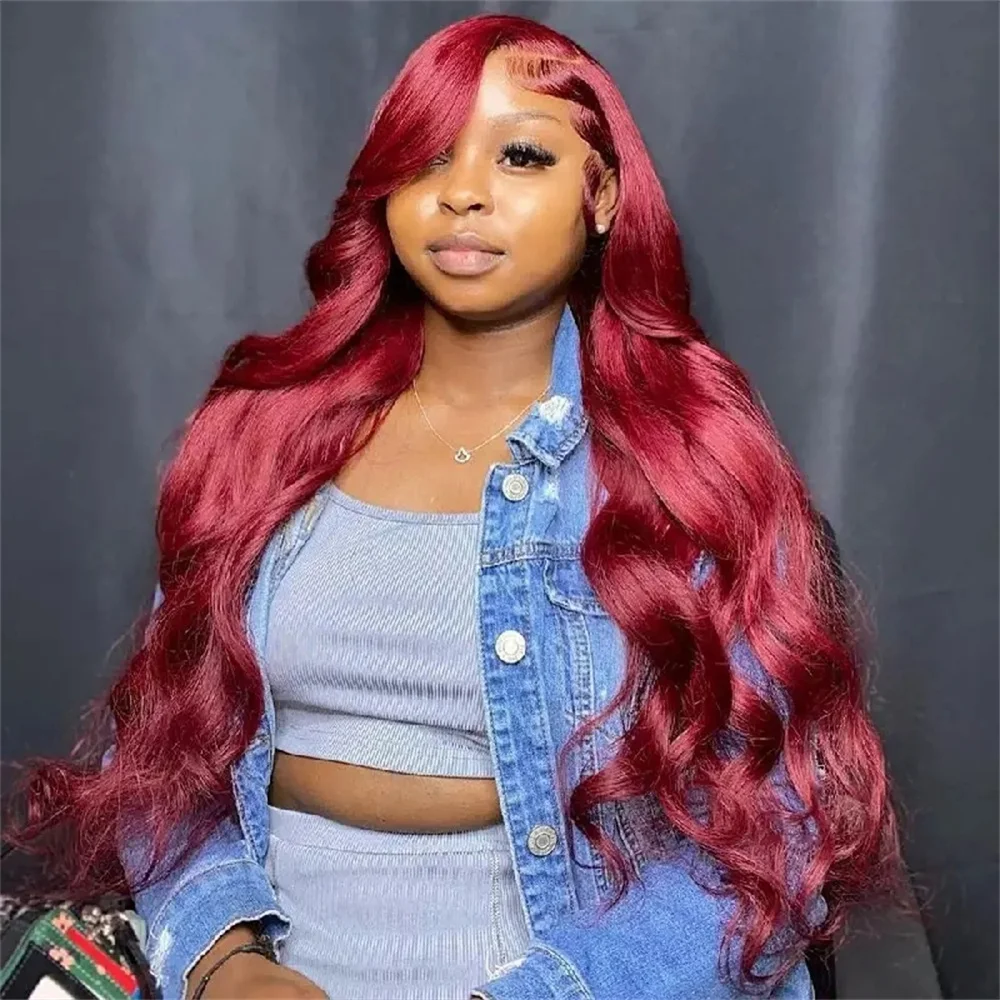 

Burgundy 13x6 Body Wave Lace Front Wigs Human Hair 30 inch Pre Plucked 180% Density 99J 13x4 HD Lace Frontal Wig
