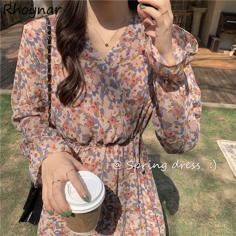 

Dress Women Summer Midi Ins New Floral French Style Chiffon V-Neck A-LINE Vintage Party College Vestidos Vacation Fashion Tender