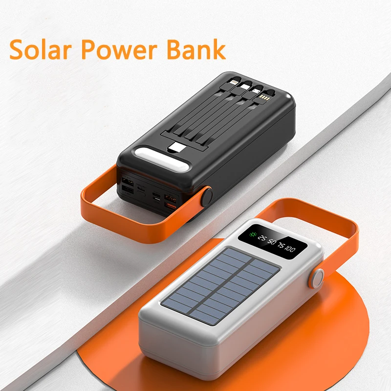 

50000mAh Solar Power Bank Fast Charging Powerbank Built in Cable External Battery For iPhone 14 13 Portable Charger with Lanyard