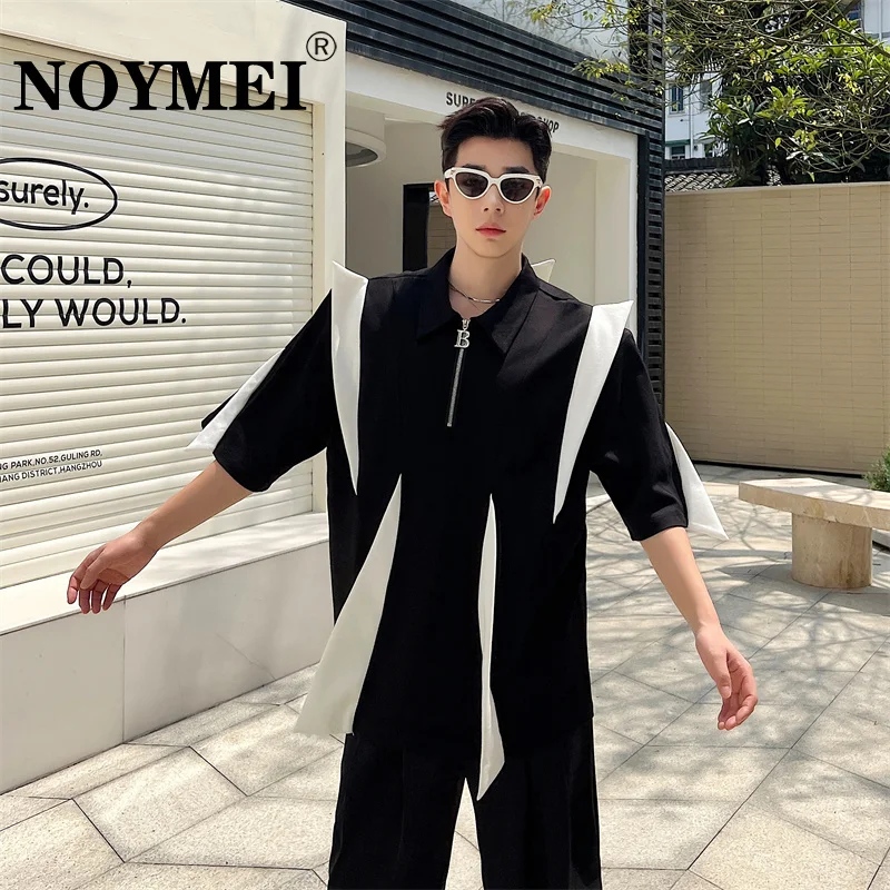 

NOYMEI Korean Style 2024 New Contrast Color Patchwork Fashionable Short Sleeve Zipper Design Turn-down Collar Men T-shirt WA3830