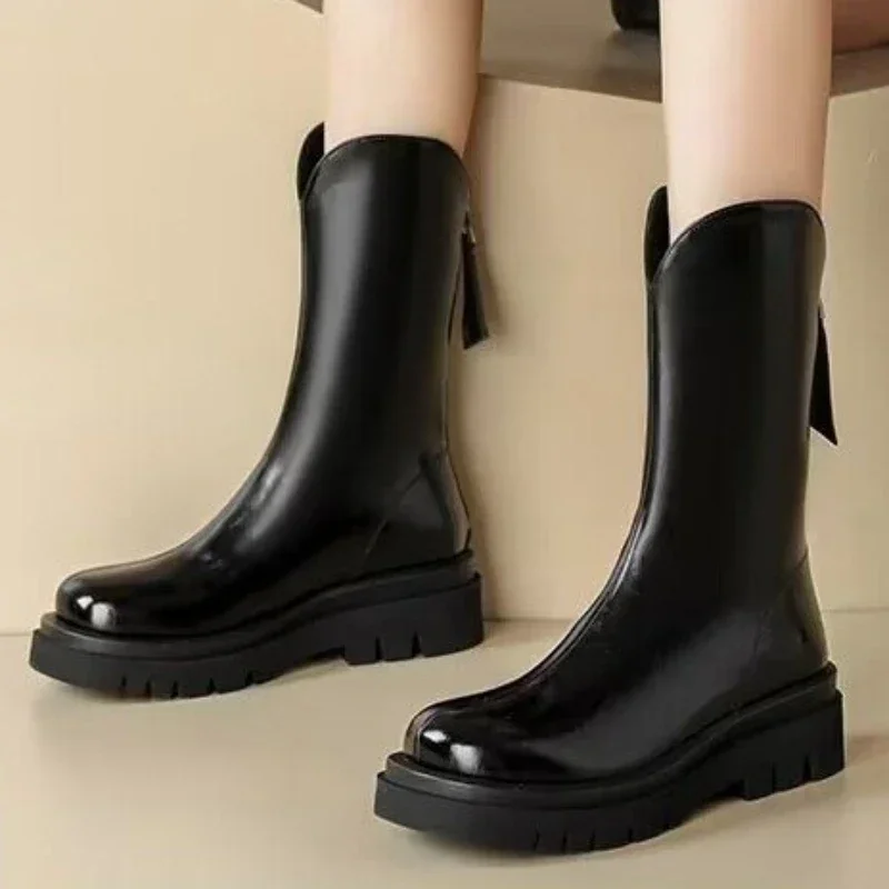 

Женские ботинки на молнии, теплые однотонные ботинки до середины икры, с круглым носком, на плюшевой подкладке, водонепроницаемые, для зимы, 2023