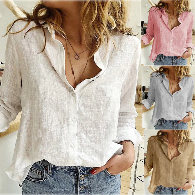 

Women Casual Long Sleeve Cotton Linen Loose Shirt Elegant Solid Harajuku Lapel Blouse Vintage Oversize Tops Streetwear Tunic