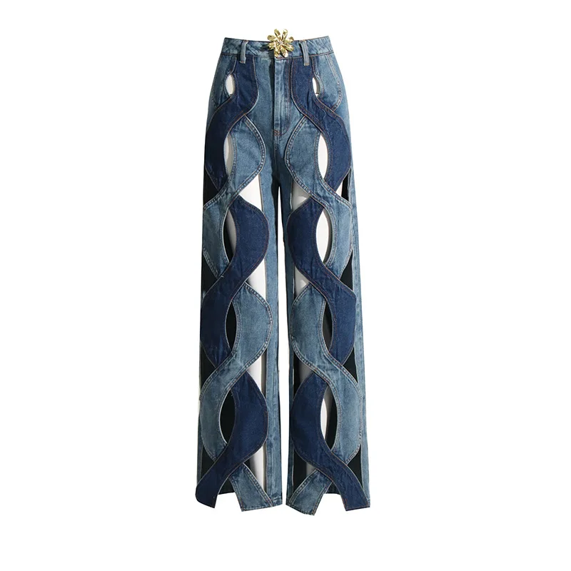 

Women's Jeans Stylish Denim Jeans with Hollowed-Out Gold Flower Decorations and 3D Layered Eight-shaped Patch Design Pants