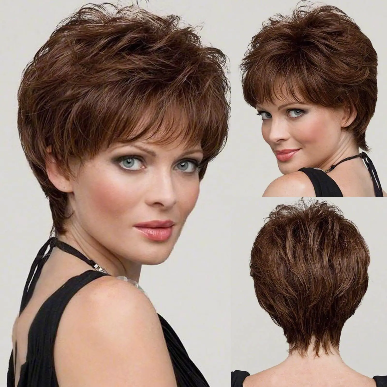 

Short Brown Pixie Cut Wig With Bangs Bob Natural Blend Hairs Layered Wig Kanekalon Synthetic Women Wig Human-hair Like Texture