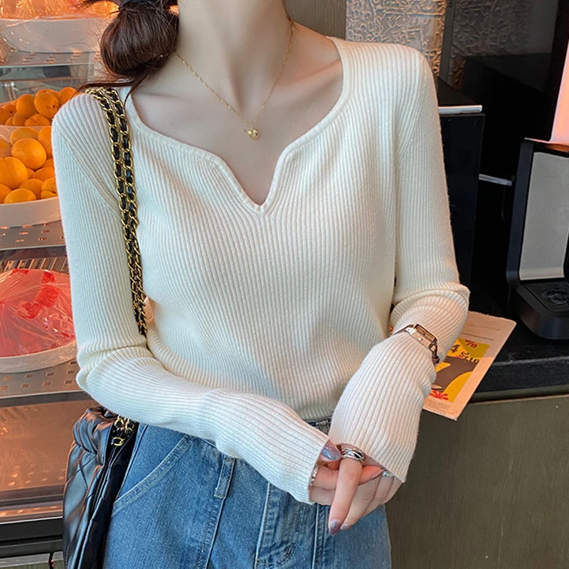 

Autumn Winter Knitted Bottoming Tops Office Lady Solid V-neck Sweater Women Casual Long Sleeve Pullover Slim Fit Clothes 28828