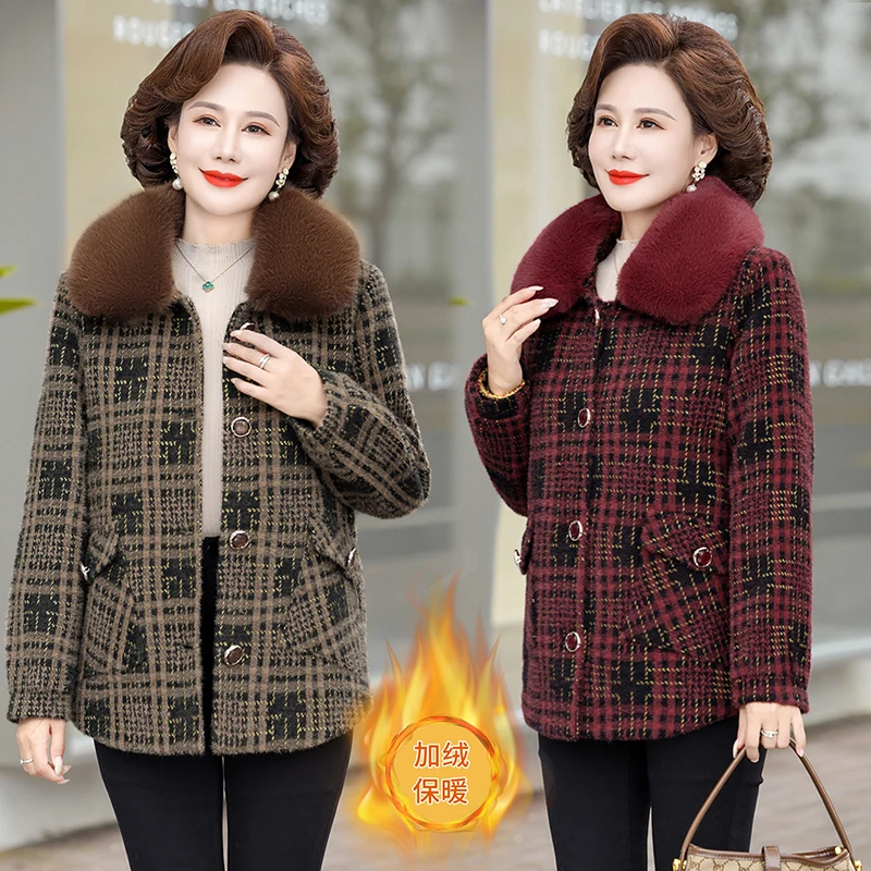 

New Fur Collar Coat Middle-Aged Elderly Mothers Women's Coat Thick Imitation Mink Velvet Autumn Winter Woolen Jacket