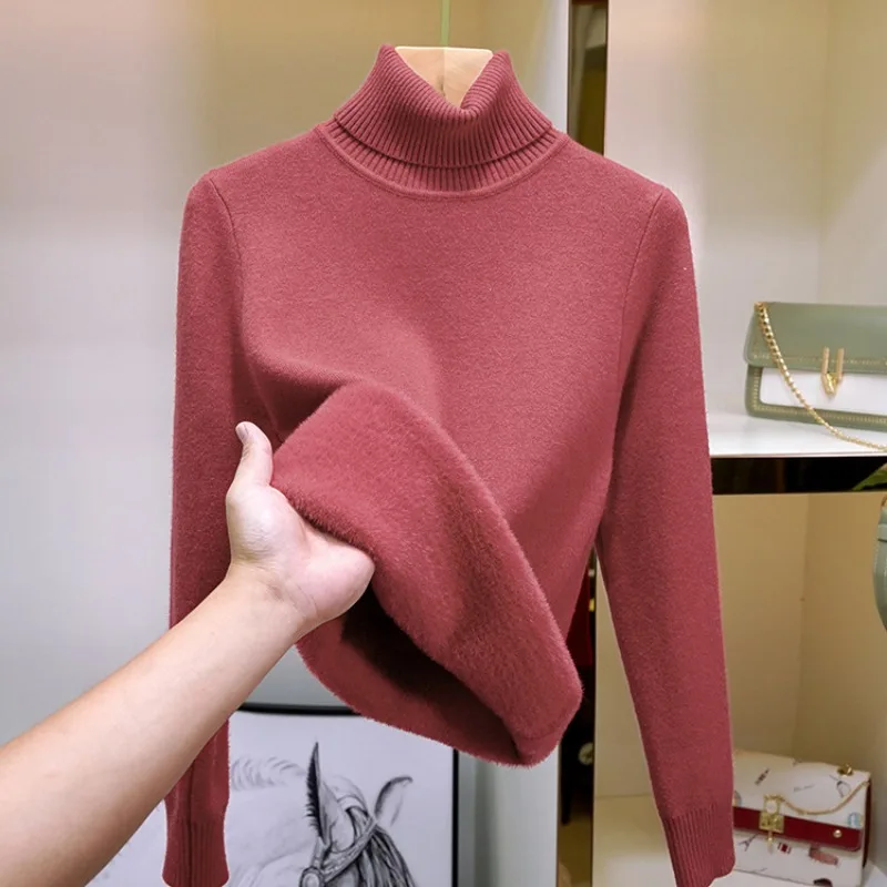 

Casual Warm Velvet Turtleneck Knitted Sweater Long Sleeve Pullovers Fashion Tops Women Vintag Knitwears Female Clothing 28205