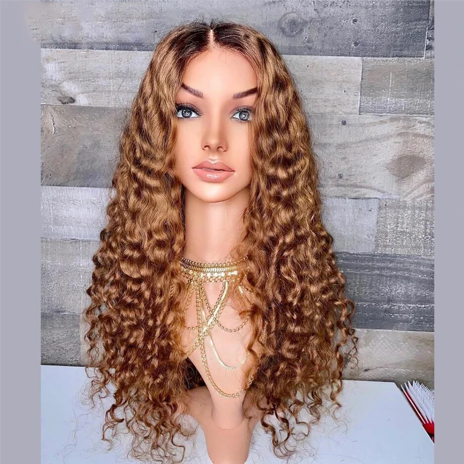 

Natural Hairline Ombre Honey Blonde Soft Preplucked Glueless 180Density Long Kinky Curly Lace Front Wig For Women BabyHair Daily