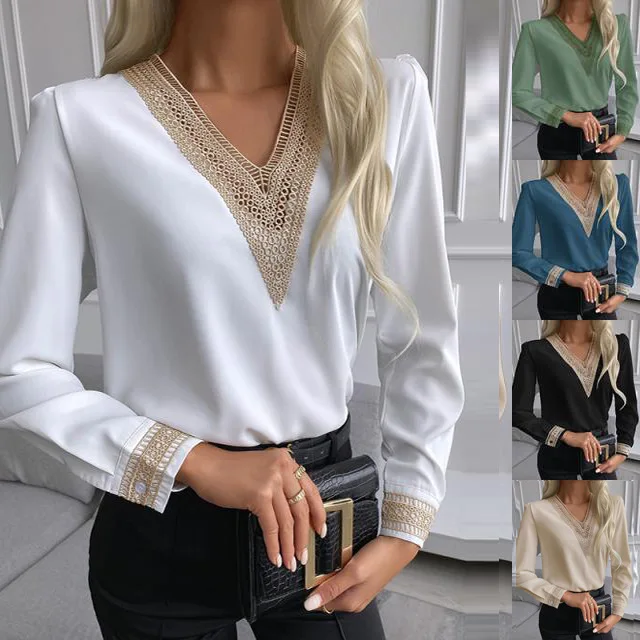 

Новинка 2024, модная женская блузка, стильные осенние офисные элегантные топы, корейские кружевные блузки с длинным рукавом и V-образным вырезом, белые рубашки