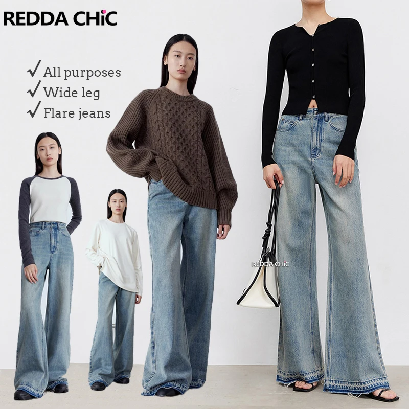 

REDDACHiC Whiskers Raw Edge Wide Leg Flare Jeans for Women High Waist Loose Casual Bootcut Pants Blue Retro Y2k Korean Clothes