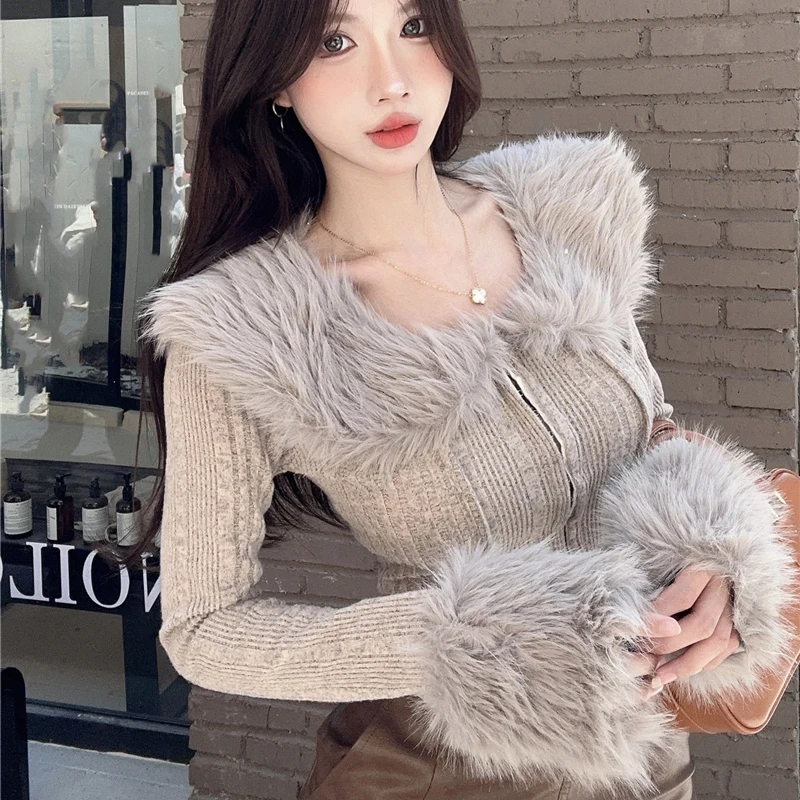 

Women Autumn Winter Knitted Sweaters Long Sleeve Faux Fur Collar Cardigans Sweater Short Coat Top Y2K Slim Fit Cropped Tops