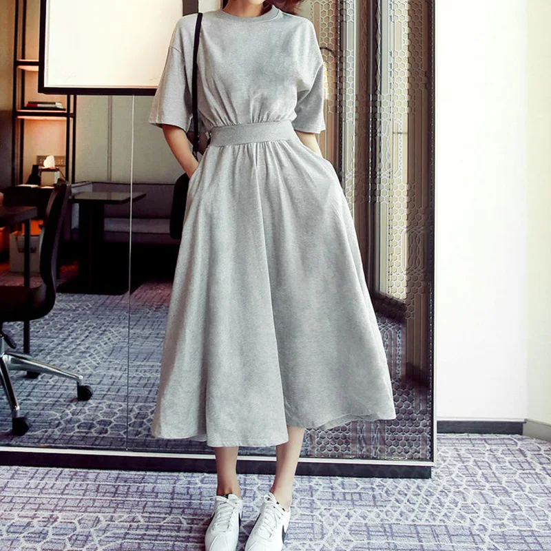 Spring Summer Fashion Women Short Sleeve Solid Long Dress Round Neck Elastic Waist Big Hem Casual Dresses All-Match Street Wear
Spring Summer Fashion Women Short Sleeve Solid Long Dress Round Neck Elastic Waist Big Hem Casual Dresses All-Match Street Wear