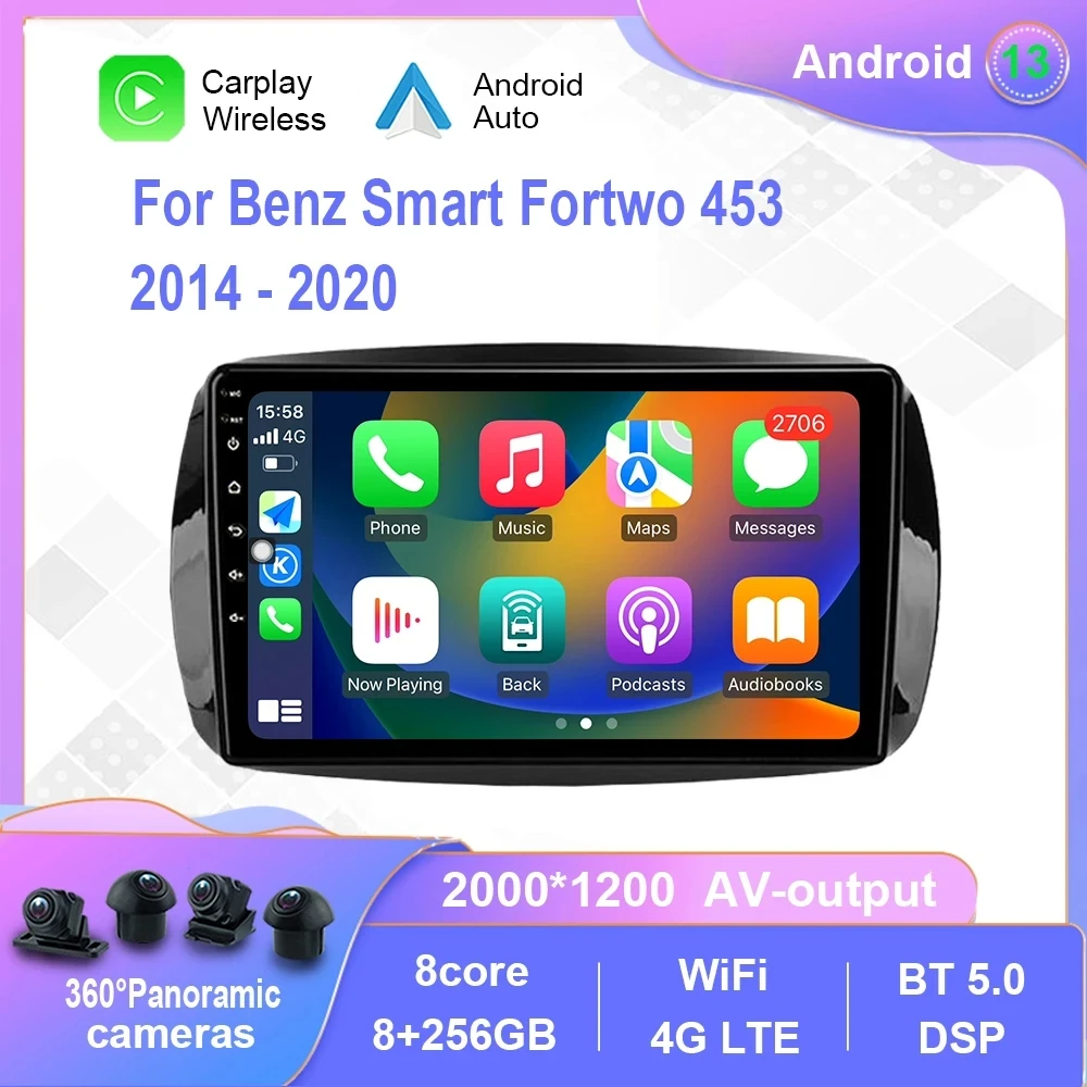 

Магнитола на Android 13 для Benz Smart Fortwo 453 2014-2020, автомобильный мультимедийный плеер для Carplay, сенсорный экран, GPS-навигация