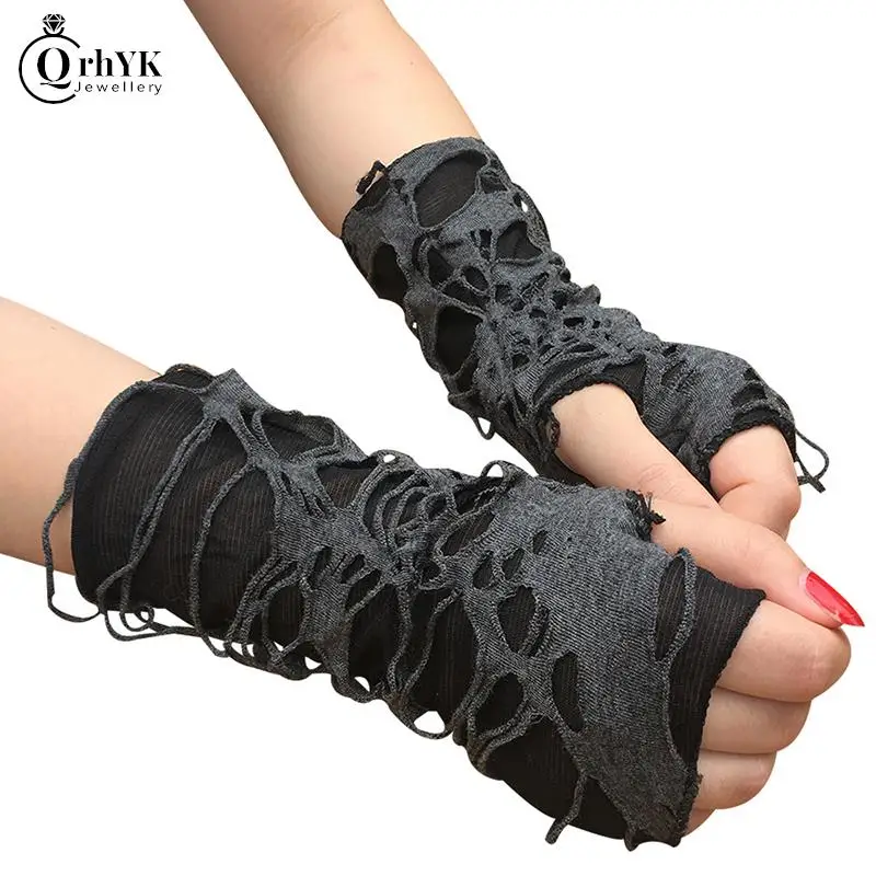 

1Pair Casaul Broken Slit Gloves Sexy Gothic Fingerless Gloves Halloween Gloves Black Ripped Holes Decor Cosplay Gloves Adults