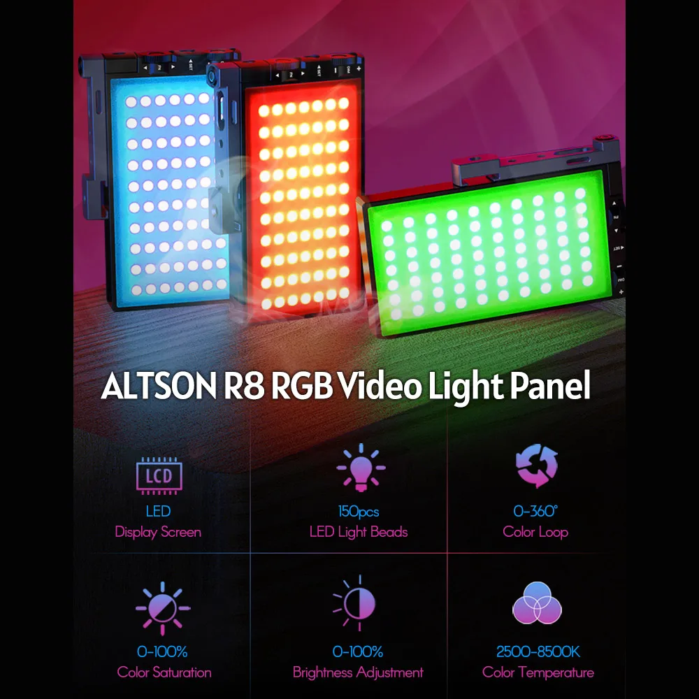 RGB Video Light Panel lamp Full Color LED Camera Light 12 Multiple Light Scene Effects with Rotating Arm Cold Shoe
RGB Video Light Panel lamp Full Color LED Camera Light 12 Multiple Light Scene Effects with Rotating Arm Cold Shoe