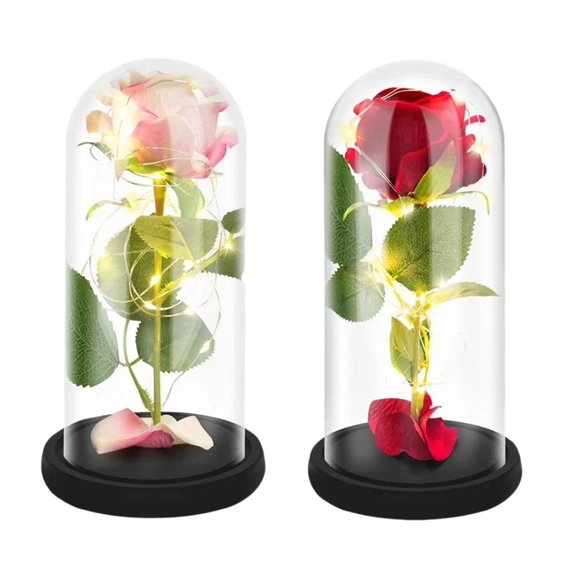 

2 Set Rose That Lasts Forever Flower With LED Light In Glass Dome For Valentine's Mother's Day Birthday Gift, Pink & Red