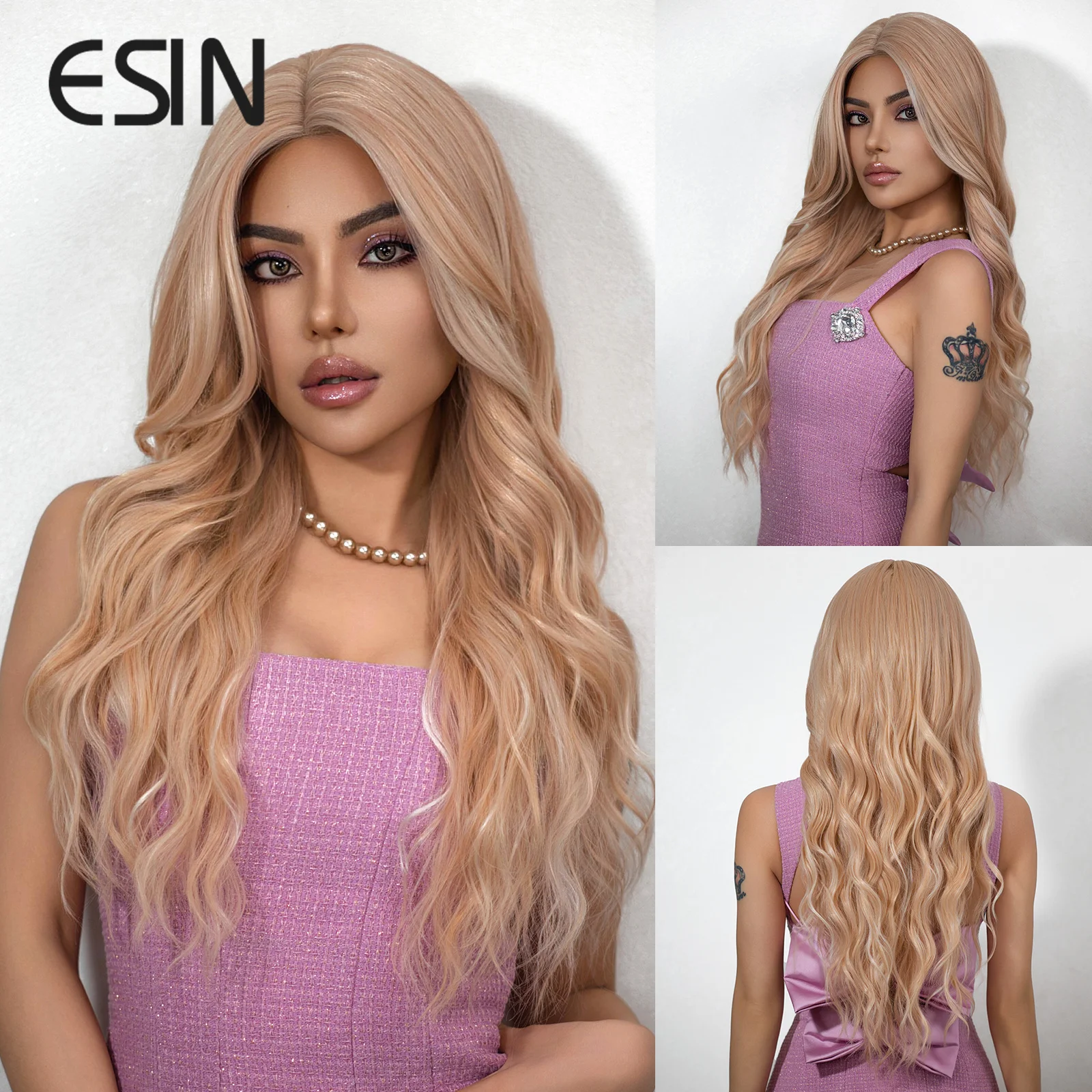 

ESIN Pink Blonde Wavy Wigs with Bangs for Women Middle Part Synthetic Curly Party Wig Use Daily Heat Resistant Fiber Hair