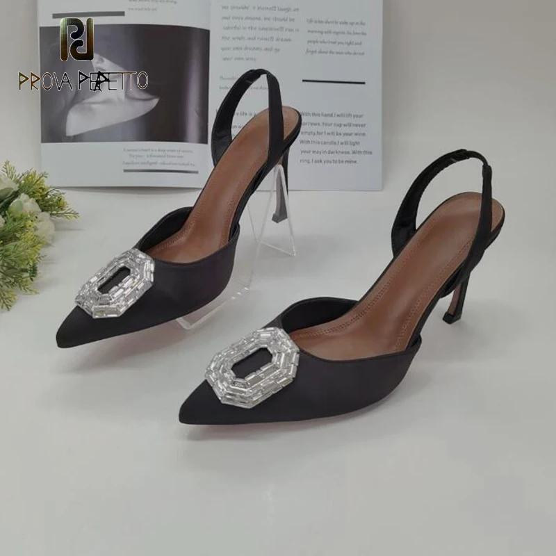 

Черные атласные женские летние босоножки с ремешком на пятке туфли на тонком каблуке с пряжкой с кристаллами с острым носком Элегантные женские классические туфли