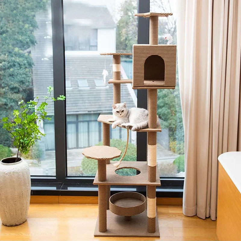 

Multi-Level Cat Tree Tower, Tall Rest Area, Spacious Cat Condos, Scratching Posts with Hammock, Hanging Toys, House for Rest Fun