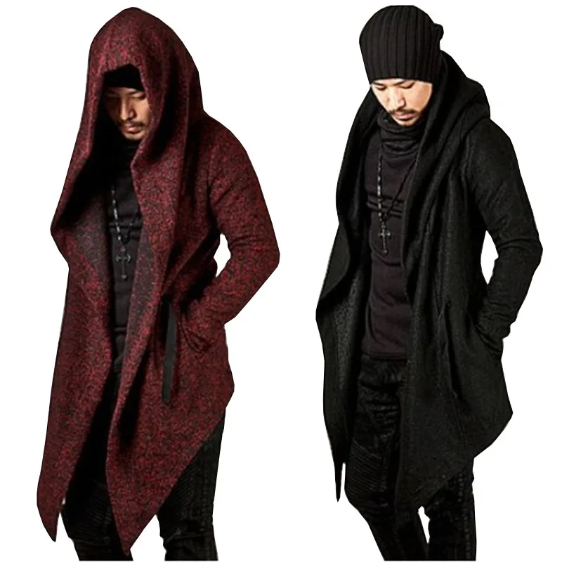

Steampunk Long Hooded Cardigan Men Gothic Irregular Red Black Trench Vintage Open Front Lightweight Drape Cape Overcoat