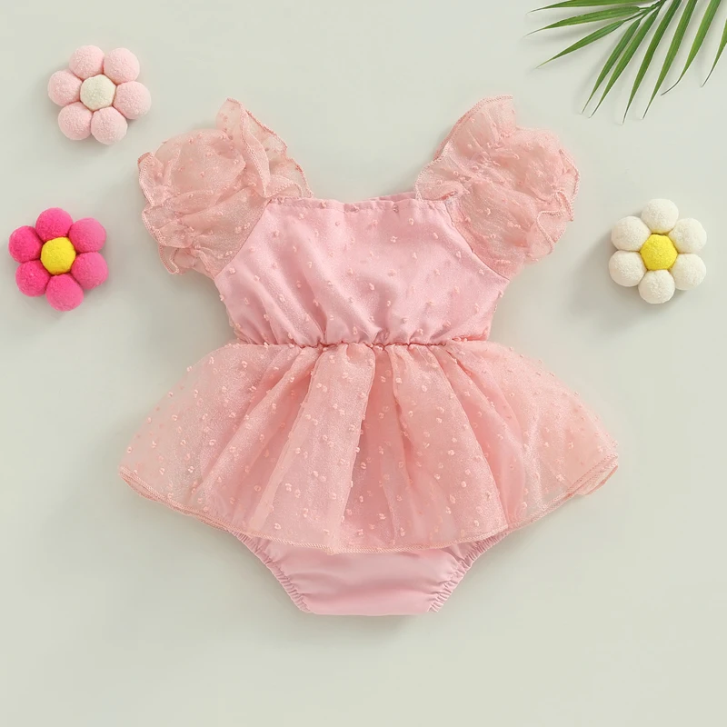 

Baby Girl Romper Dress Puff Sleeve Mesh Tulle Tutu Bodysuit Headband Outfits Newborn Princess Romper Dress