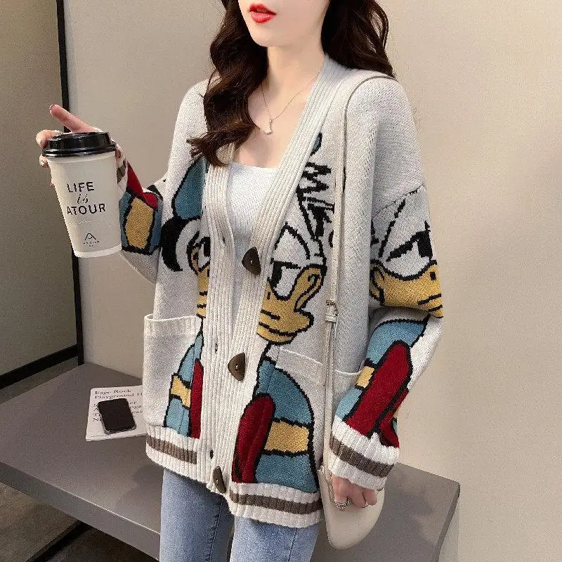 

New retro jacquard cardigan cartoon sweater jacket female spring loose jacket lazy style thick knitted cardigan trend hot sales