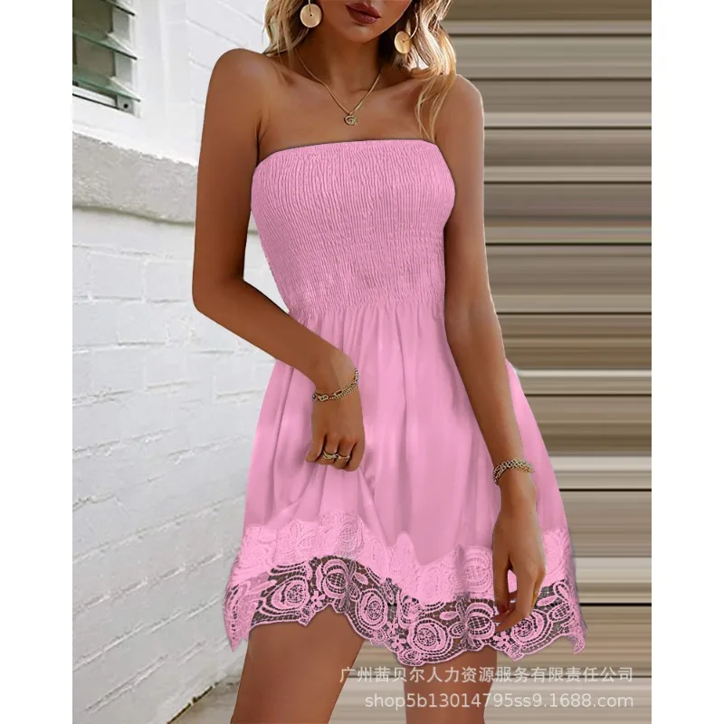 

Wepbel Sleeveless Stitching Chest-Wrapped Dress Y2K Lace Sexy Dress Women Low Cut Party Strapless A-line Shirred Casual Dress