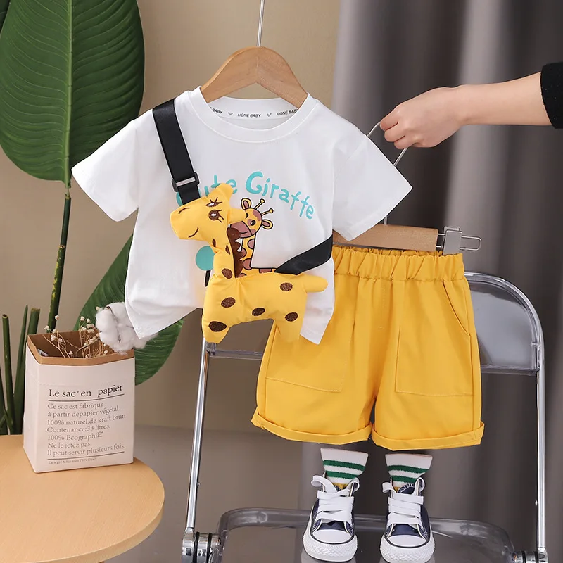 

Детские летние комплекты 2024, одежда для маленьких мальчиков от 9 до 12 месяцев, футболка с коротким рукавом и шорты с мультяшным жирафом и короткими рукавами, детская одежда из 2 предметов