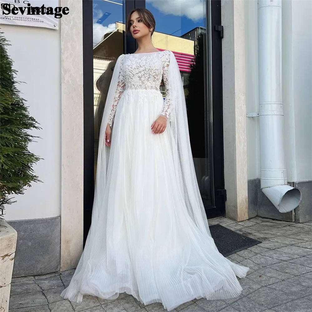 

Sevintage A-Line Scoop White Wedding Dresses Tulle Long Cape Sleeves Lace Appliques Ruched Bride dress Vestidos de novia 2024