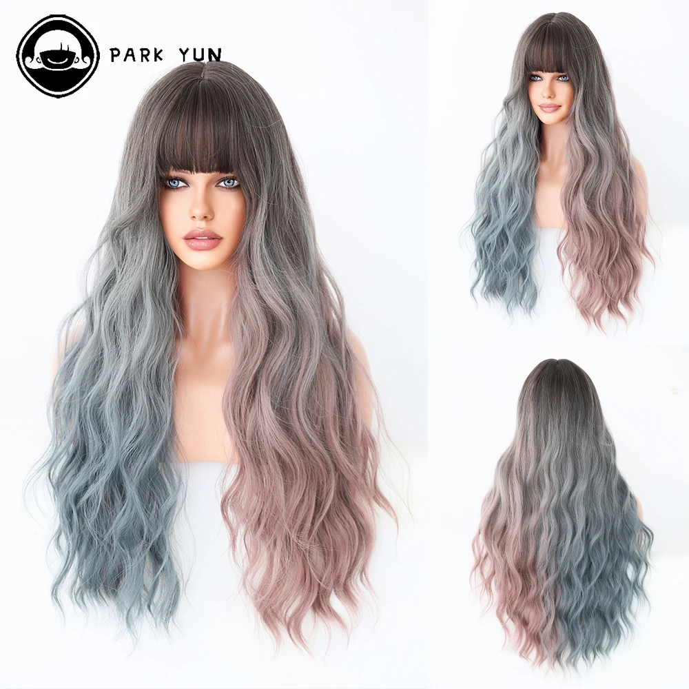 

Ombre Pink Mixed Mint Green Long Curly Wigs with Bangs Women Wig Party Y2K Lolita Girls Heat Resistant Synthetic Wig Fake Hair