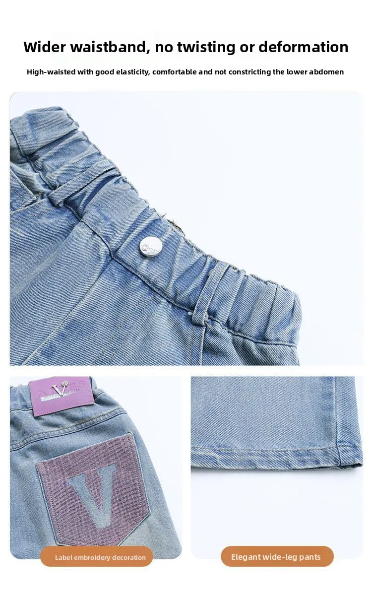 بنطلون جينز واسع الساق للفتيات بخصر مرتفع وطويل، ملابس أطفال عصرية متعددة الاستخدامات لفصل الخريف من ماركة يو بيجيا مع حزام مطرز بنطلون جينز واسع الساق للفتيات بخصر مرتفع وطويل، ملابس أطفال عصرية متعددة الاستخدامات لفصل الخريف من ماركة يو بيجيا مع حزام مطرز