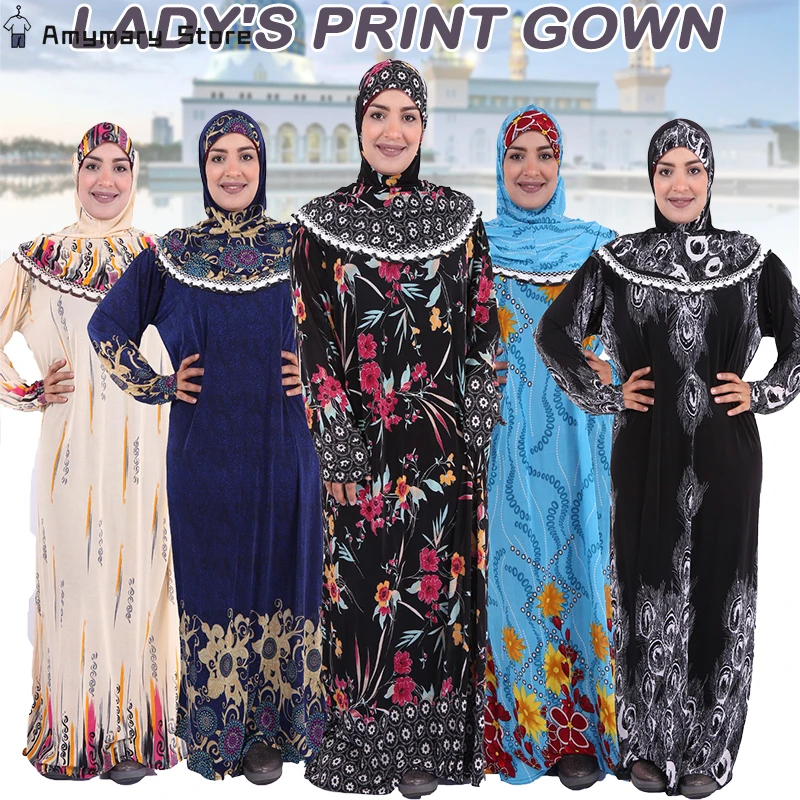 

2024 New Muslim Hijab Clothes Women Printed Robe Arab Dubai Kaftan Turkey Long Sleeve Prayer Maxi Dress Islamic Abaya Robe