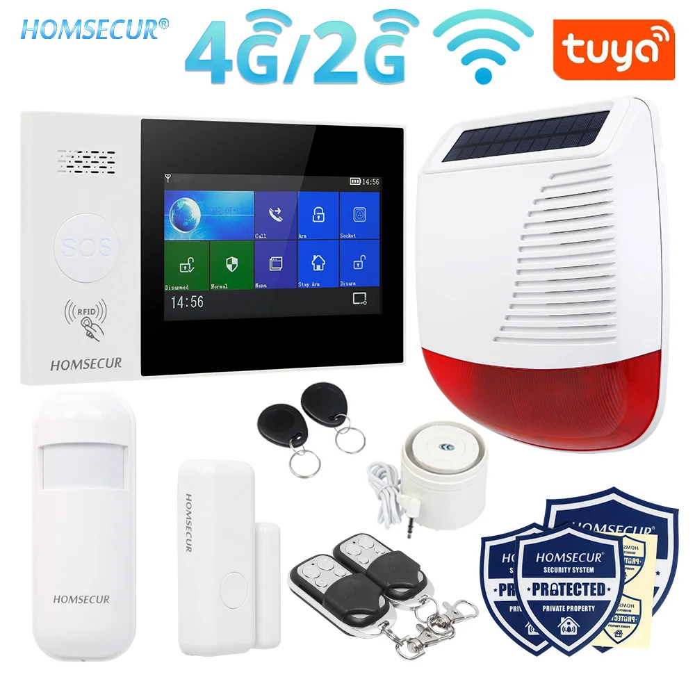 

HOMSECUR 433MHz Wireless WIFI 4G 2G RFID SMS Autodial Home Alarm System Touch Screen Solar Powered Flash Siren PIR Motion Sensor