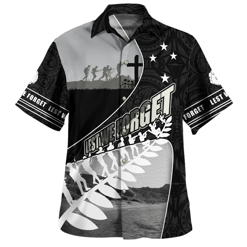 

Summer Harajuku 3D Print New Zealand Maori Silver Fern Rugby Flag Shirts NZ LEST WE FORGET Graphic Short Shirts Fashion Clothing