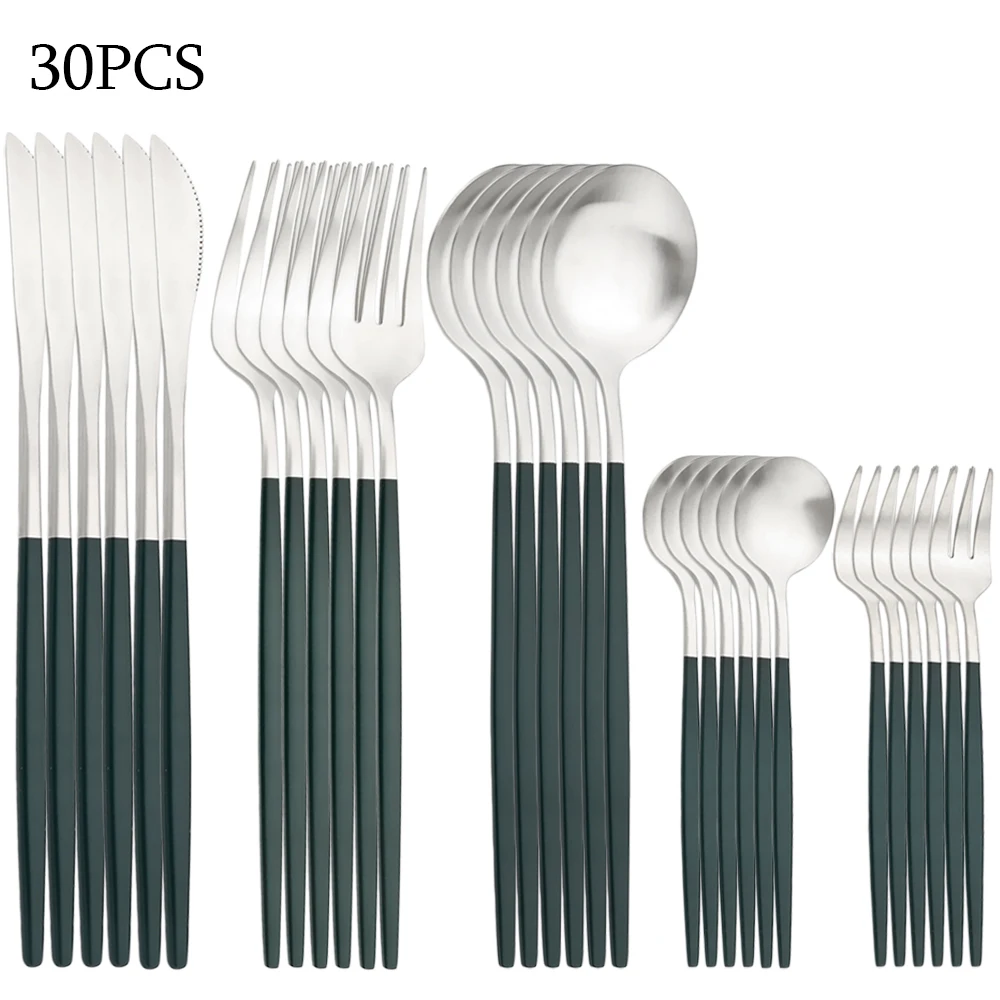 

Zoseil Forks Spoons Knives Dinnerware 30pcs Cutlery Set Green Silver Stainless Steel Cutlery Silverware Set Cake Fork Flatware