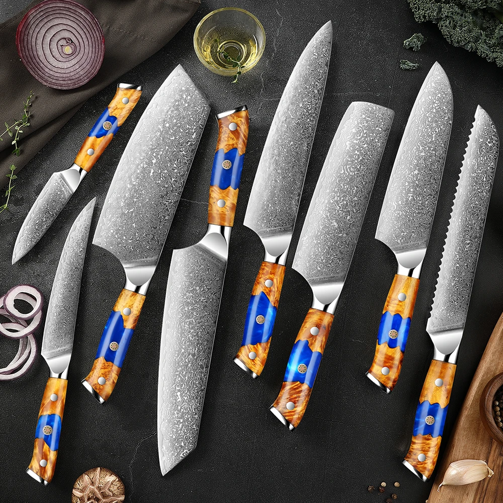 

Damascus Steel Knife Set Japanese VG10 Steel Kitchen Chef's Knives Slicing Nakiri Bread Santoku Paring Knife Blue Resin Handle