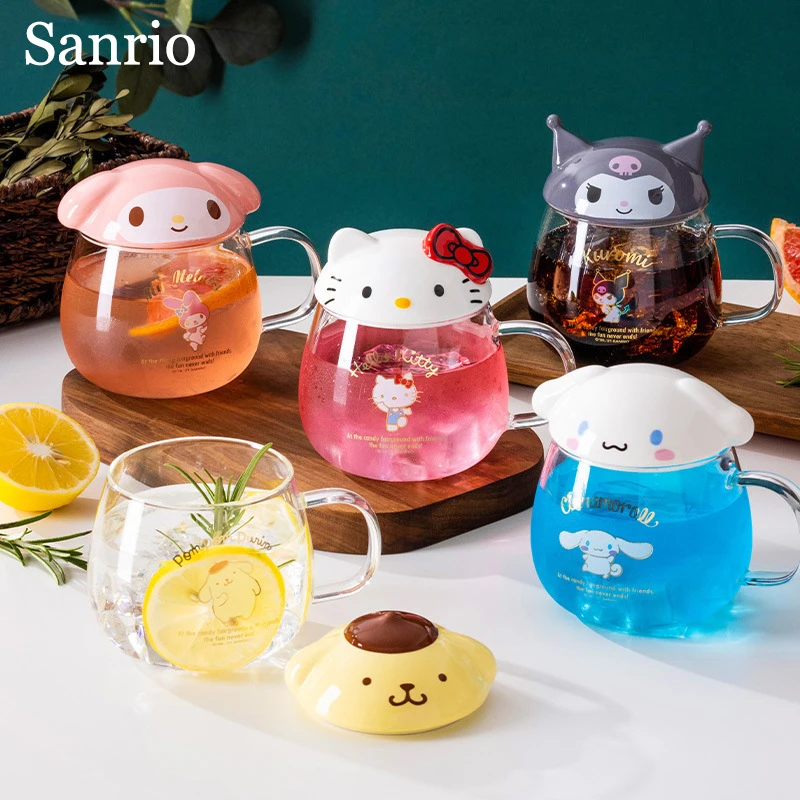 

Sanrio Hello Kitty Keroppi Cartoon Glass Mugs Pochacco My Melody Cute Transparent Milk Mug with Lid Handle Kuromi Juice Cup