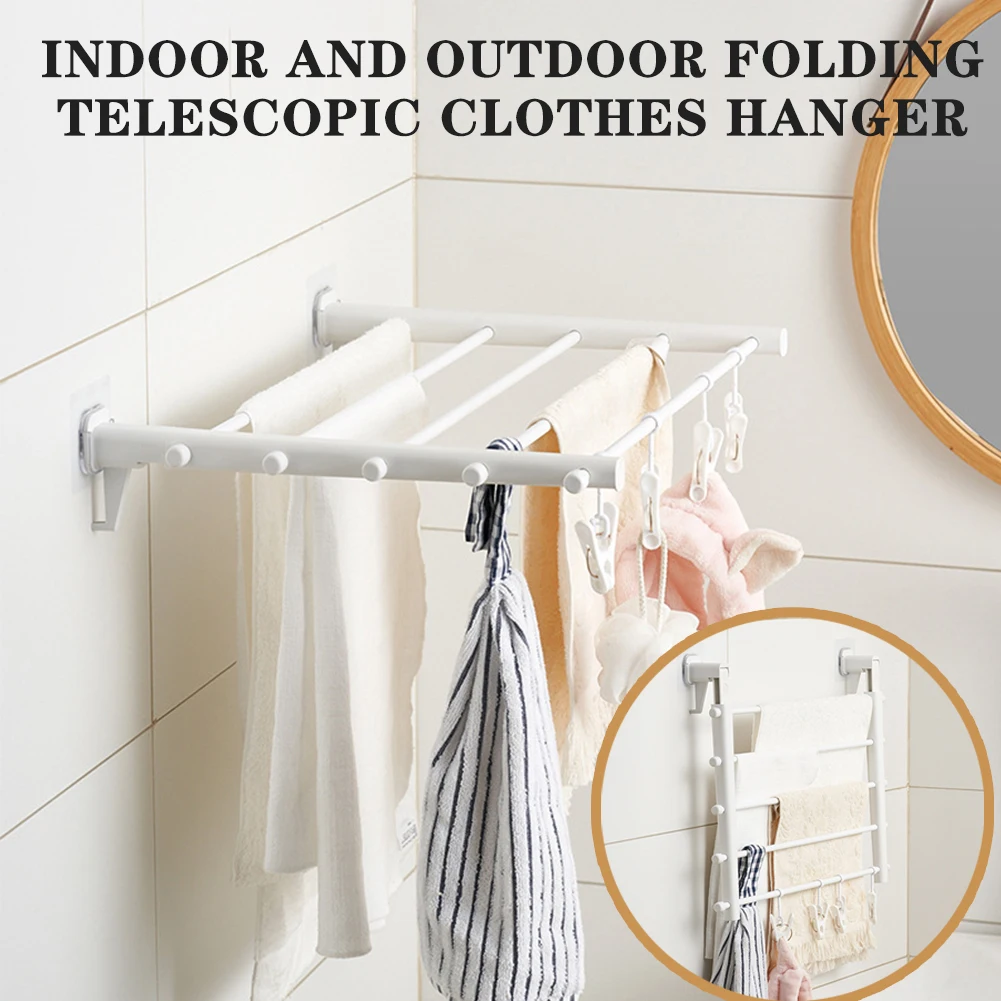 

Wall Mounted Foldable Drying Rack,Space Saving Retractable Racks with 4 Clips,No-Punch 5 Rod Invisible Hanger for Towel Sock Hat