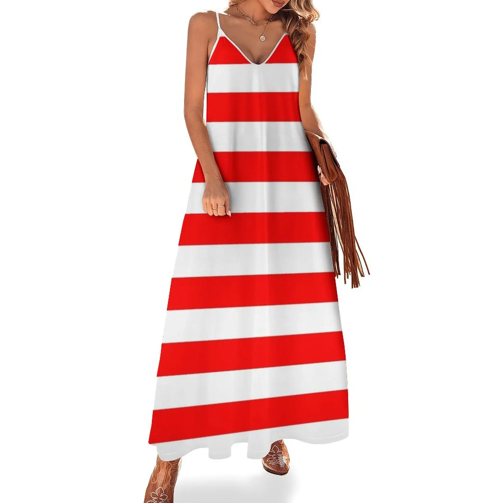 

Red and White Horizontal Stripes Sleeveless Dress dresses korean style women formal occasion dresses beach dress