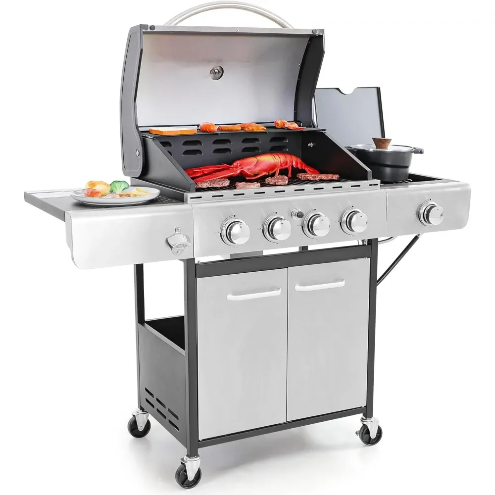 

BBQ Grill 4-Burner Portable Barbecue Utensils 4-Burner Propane Gas BBQ Grill With Side Burner & Porcelain Outdoors BBQ Grill