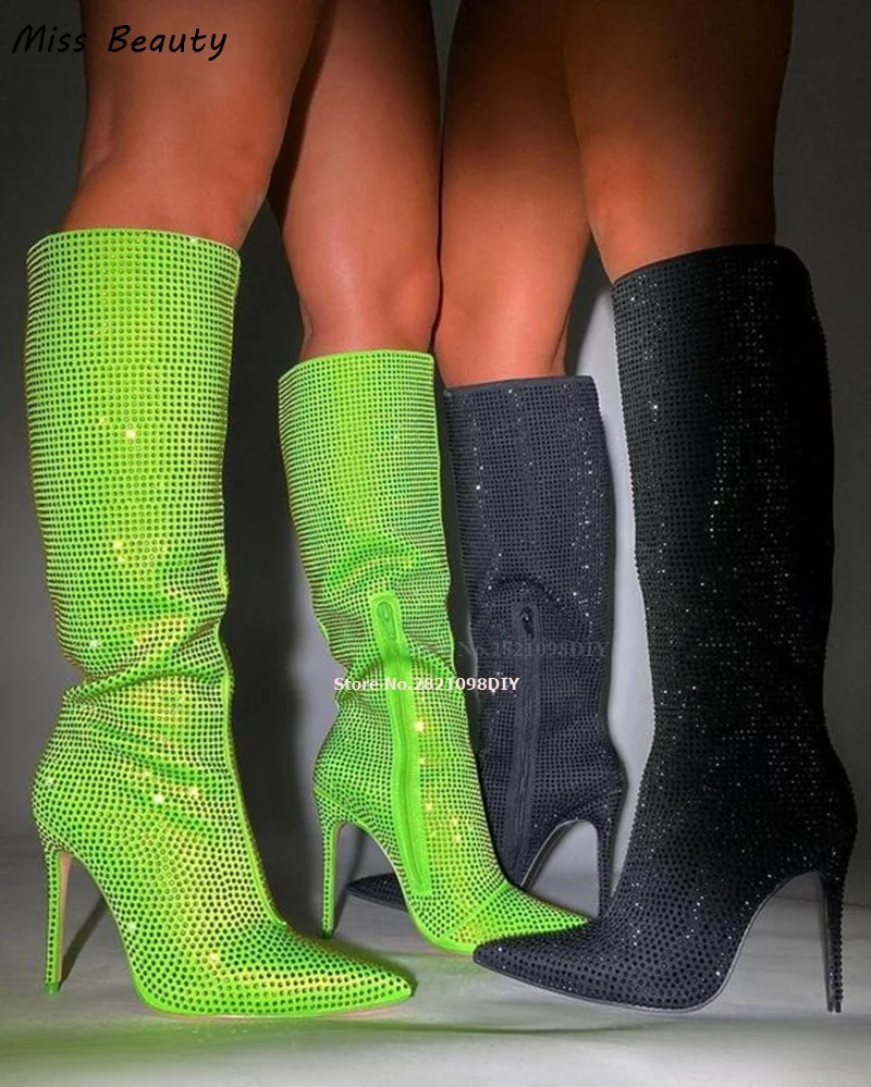 

Slouchy Black Diamantes Pointed Toe Stiletto Knee High Heel Boot Women Stiletto Heeled Glittering Rhinestone Long Bota